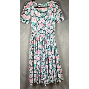 Laura Ashley Vintage Green Pink‎ Floral Tea Dress Cotton V-Neck Women's Sz 8